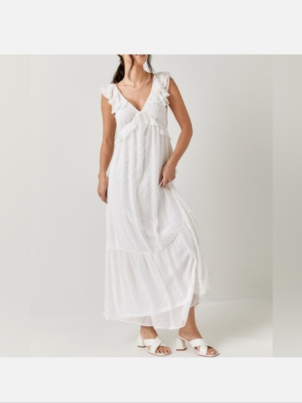 Audrey Parks Francesca's White Ruffle Flutter Open Back Maxi Dress Large NWT
